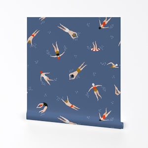 Swimming Wallpaper - Cute Swimmers By Alenkakarabanova - Swimming Blue Custom Printed Removable Self Adhesive Wallpaper Roll by Spoonflower