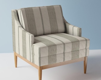 May include: A striped armchair with a light gray and black fabric upholstery. The chair has a wooden frame with four legs and a slightly curved back.