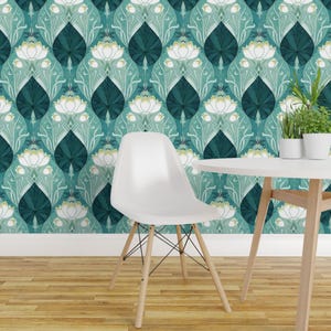 Art Nouveau Peel and Stick Wallpaper - Art Deco Waterlily Teal Aqua Lily Pad - Removable Wall Decor Art - Teal Waterlily by adenaj