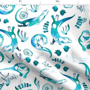 Wild Animals Fabric - Otterly Adorable By Gingerlique - Wild Animals Watercolor Otter Blue Green Cotton Fabric By The Yard With Spoonflower