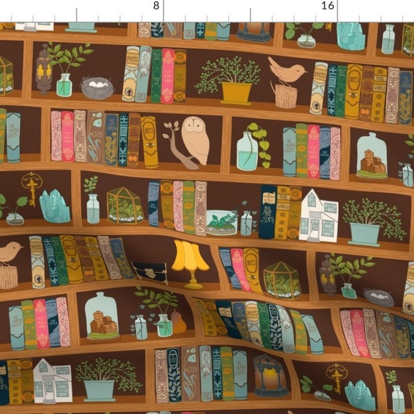 Cozy Reading Fabric - A Treasured Library By Ceciliamok - Brown Owl Bookshelf Library Literature Cotton Fabric By The Yard With Spoonflower