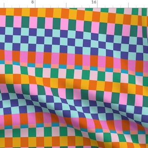 Bright Retro Fabric - Colorful Geometric Checkerboard by apricotbirch - Geometric Chunky Check Blue Pink Fabric by the Yard by Spoonflower