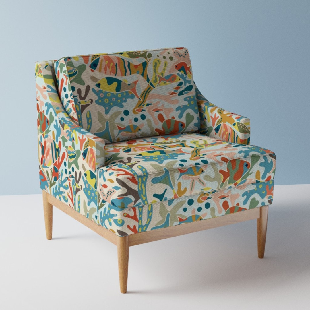 Bright Coastal Upholstery Fabric Retro Coral Reef by Roochita