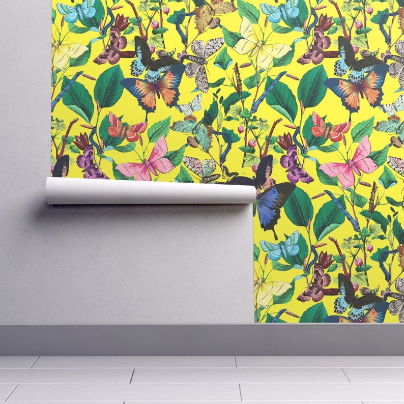 Butterfly Wallpaper Butterfly Sanctuary Bright~By Peacoquettedesigns ~ Custom Printed Removable Self Adhesive Wallpaper Roll by Spoonflower