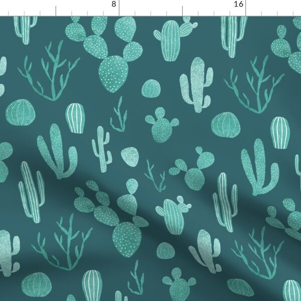 Teal Cacti Fabric - Blue Cacti On Teal By Lavish Season - Southwestern Boho Cacti Home Decor Cotton Fabric By The Yard With Spoonflower