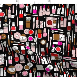 May include: A black and white pattern featuring various makeup items, including lipsticks, nail polish, brushes, and compacts. The pattern is repeated throughout the image.