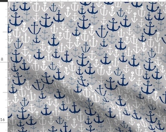Anchors On Gray Fabric - Anchors Blue Gray Nautical Fabric Maritime Anchor By Andrea Lauren By - Cotton Fabric By The Yard With Spoonflower