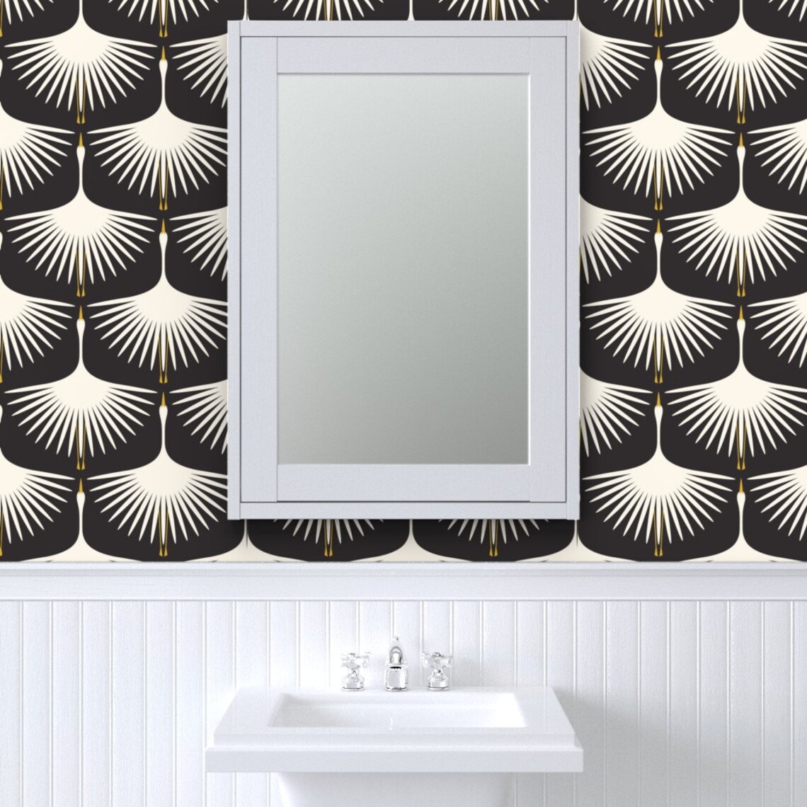 Art Deco Bird Wallpaper Art Deco Swans Cream on Black by - Etsy
