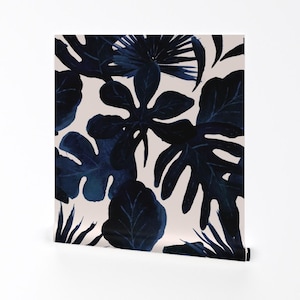 Navy Jungle Wallpaper - Tropical Leaves Midnight By Crystal Walen- Blue Custom Printed Removable Self Adhesive Wallpaper Roll by Spoonflower