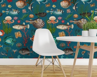 Ocean Wallpaper - Oceania In Teal Blue By Delinda Graphic Studio - Nautical Fish Sea Removable Self Adhesive Wallpaper Roll by Spoonflower
