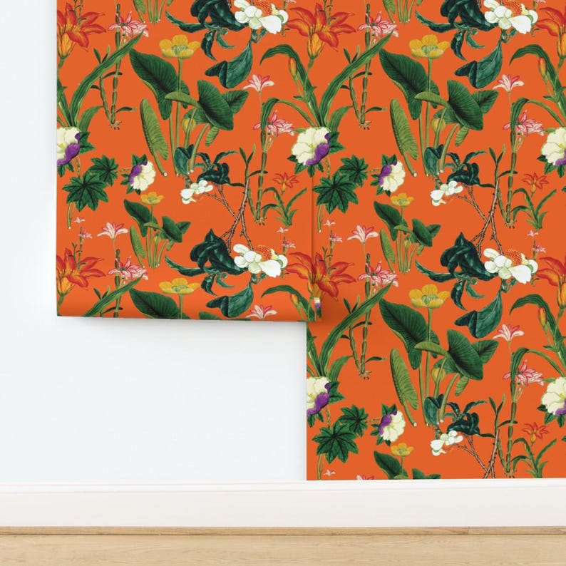 Floral Wallpaper - Vintage Floral Orange By Bruxamagica - Vintage Floral Custom Printed Removable Adhesive Wallpaper Roll by Spoonflower image 4