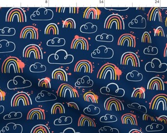 Navy Rainbow Cloudy Skies Fabric - Rainbows And Clouds Seamless Pattern By Stolenpencil - Rainbow Cotton Fabric By The Yard With Spoonflower