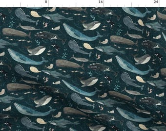 Whales Fabric - Whale Song Dark Blue Small By Katherine Quinn - Mask Scale Boho Porpoise Dolphin Cotton Fabric By The Yard With Spoonflower
