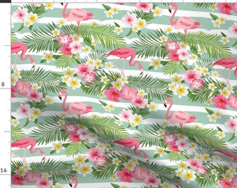 Tropical Fabric - Tropical Flamingo By Sandityche - Tropical Pink Green Hawaiian Summer Stripe Cotton Fabric By The Yard With Spoonflower