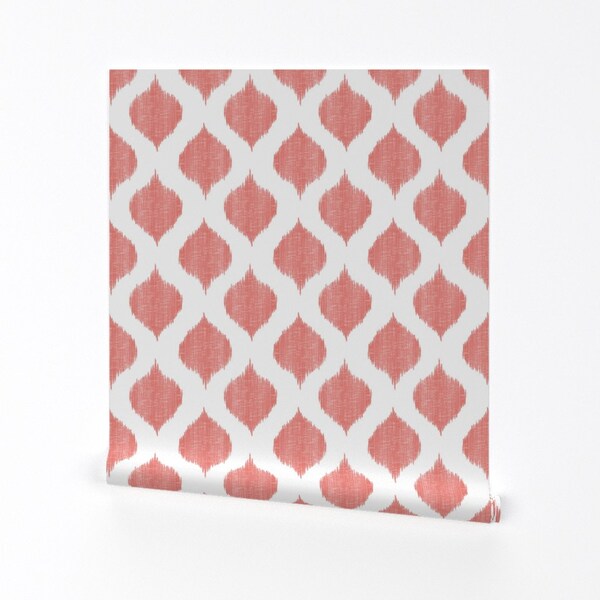 Pink + White Ikat Wallpaper - Lela Ikat In Coral By Willowlanetextiles- Custom Printed Removable Self Adhesive Wallpaper Roll by Spoonflower