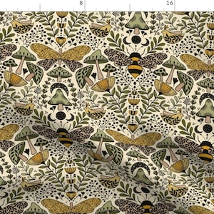 Botanical Fabric - Natural Habitat Of Bees And Moths By Ozdebayer - Beige Yellow Mushrooms Nature Cotton Fabric By The Yard With Spoonflower