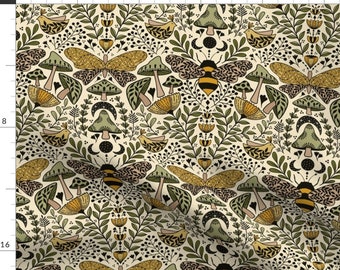 Botanical Fabric - Natural Habitat Of Bees And Moths By Ozdebayer - Beige Yellow Mushrooms Nature Cotton Fabric By The Yard With Spoonflower