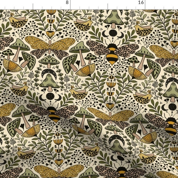 Botanical Fabric - Natural Habitat Of Bees And Moths By Ozdebayer - Beige Yellow Mushrooms Nature Cotton Fabric By The Yard With Spoonflower