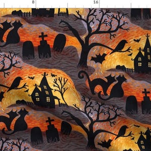Halloween Haunted House Sunset Fabric - Spooky Halloween Haunts By Creativeinchi - Halloween Cotton Fabric By The Yard With Spoonflower