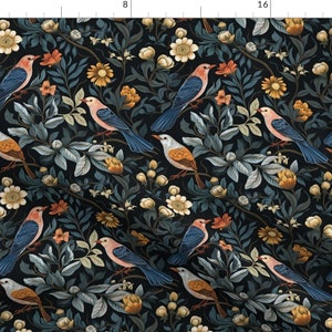 Moody Floral Fabric - Flora And Fauna by seamless_surface_design - Birds Blue Teal Finch Sparrow Botanical Fabric by the Yard by Spoonflower