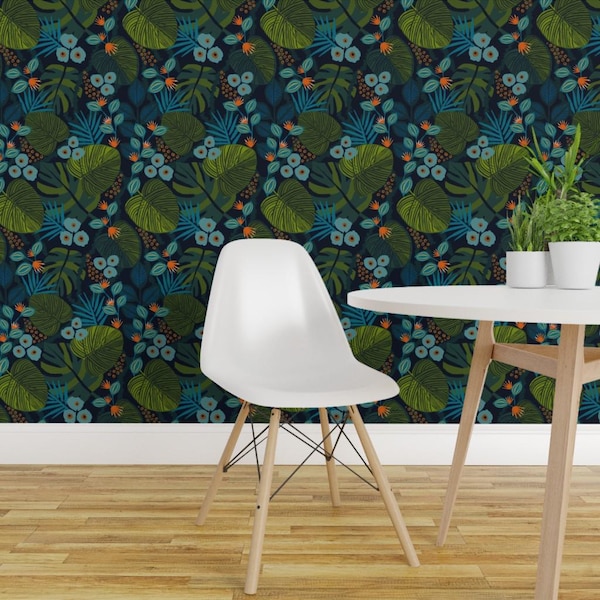 Tropical Wallpaper - Moody Tropical Fun By Nancy Bradham - Blue Green Teal Monstera Removable Self Adhesive Wallpaper Roll by Spoonflower