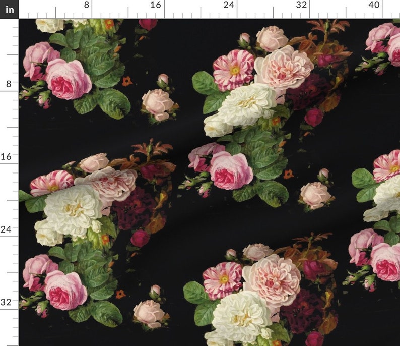 Pink Roses Fabric Dark Floral Black Roses On Black Jumbo Etsy