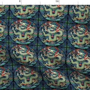 Royal Green Golden Thrones - Asian Chinese Cheongsam Dragon Fire Clouds Sea Ocean By Ravenev - Cotton Fabric by the Yard with Spoonflower