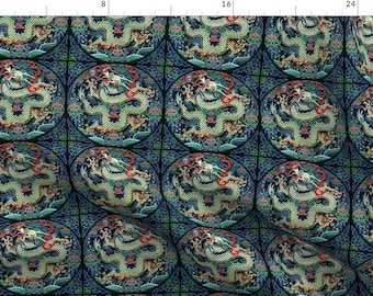 Royal Green Golden Thrones - Asian Chinese Cheongsam Dragon Fire Clouds Sea Ocean By Ravenev - Cotton Fabric by the Yard with Spoonflower