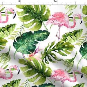 Tropical Fabric - Flamingo Tropical By Peace Shop - Tropical Paradise Flamingos Pink Green White Cotton Fabric By The Yard With Spoonflower