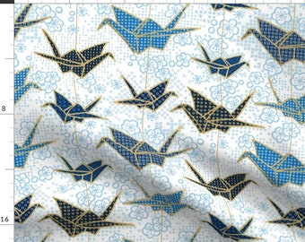 Birds Fabric - Blue Japanese Origami Crane And Cherry Blossom By Marketa Stengl - Blue Nature Cotton Fabric By The Yard With Spoonflower