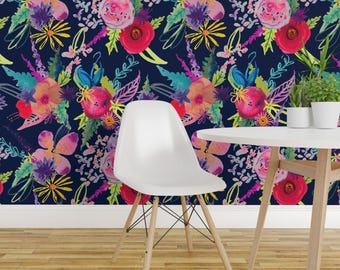 Floral On Navy Wallpaper - Summer In Turks Blue By Theartwerks - Decor Custom Printed Removable Self Adhesive Wallpaper Roll by Spoonflower