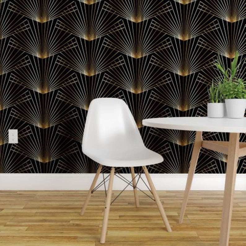 Gold Wallpaper Gold Palmettos On Black By Jenlats Art Deco Tropic Custom Printed Removable Self Adhesive Wallpaper Roll by Spoonflower