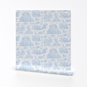 Toile Wallpaper - Marseilles Toile By Peacoquettedesigns - Baby Blue Nursery French Removable Self Adhesive Wallpaper Roll by Spoonflower