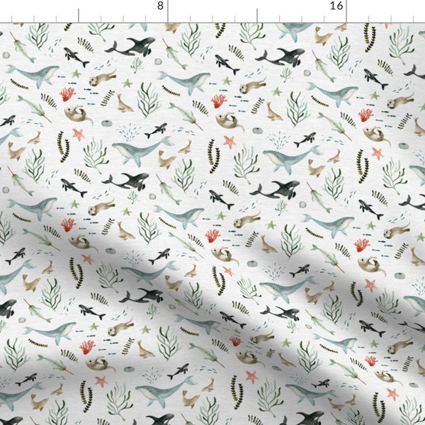 Nautical Fabric - Pacific Ocean By Little Pine Artistry - Blue White Island Animals Deep Sea Fish Cotton Fabric By The Yard With Spoonflower