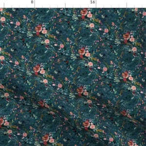 May include: Teal fabric with a repeating pattern of pink and red flowers, leaves, and vines. The fabric has a textured surface.