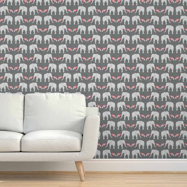 Elephant Wallpaper Elephant and Umbrella Coral by Holli | Etsy