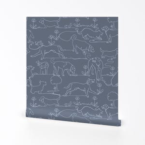 Dogs On Gray Removable Peel and Stick Wallpaper - Slate Gray Continuous Line Rescue Pet - Wall Art Wall Decor - Dog Contour by vinpauld