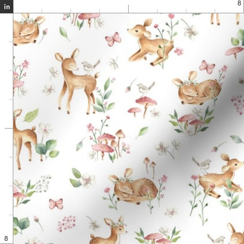 Baby Deer Fabric Small Baby Deer With Flower White Woodland Etsy