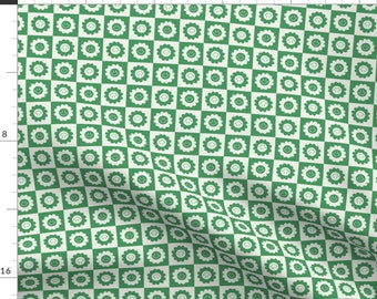 Vintage Green Flower Fabric - Checkered Floral Smile by camilaprints - Retro Modern Hippie 70s Check Vibes Fabric by the Yard by Spoonflower