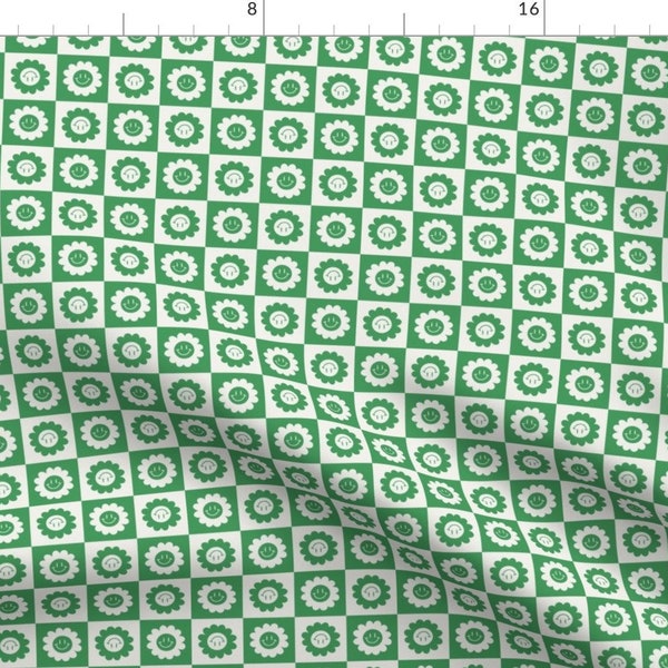 Vintage Green Flower Fabric - Checkered Floral Smile by camilaprints - Retro Modern Hippie 70s Check Vibes Fabric by the Yard by Spoonflower