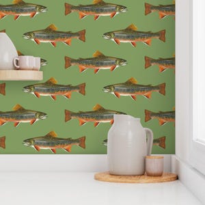 Fish Wallpaper - Brook Trout By Weavingmajor - Vintage Green Cabin Lodge Mountains Removable Self Adhesive Wallpaper Roll by Spoonflower image 7