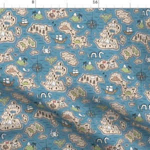 Map Fabric - Pirate Adventure Nautical Map With Mountains, Ships, Compass, Trees By Caja Design - Cotton Fabric By The Yard With Spoonflower