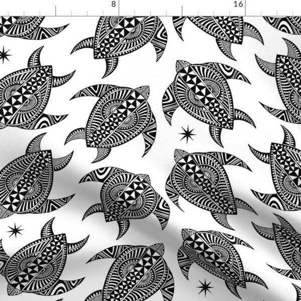 Tapa Fabric - Turtle Tapa By Spellstone - Tapa Tribal Print Turtle Tattoo Black and White Cotton Fabric By The Yard With Spoonflower