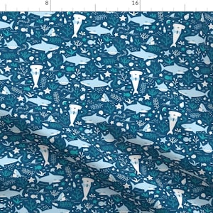 Blue Shark Fabric - Happy Sharks By Innamoreva - Modern Nautical Shark Cotton Fabric By The Yard With Spoonflower