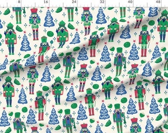 Scandi Extra Wide Sateen Fabric Christmas Tree Holidays Folk Art Winter Retro Fabric By The Yard Nordic Nutcracker Blue by design_dannick