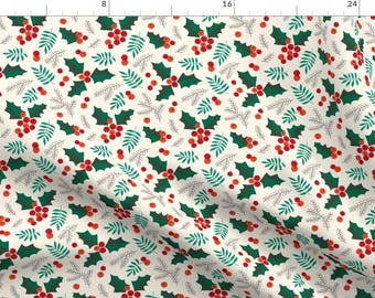 Holly Fabric - Christmas Holly And Berries On Creme By Heleen Vd Thillart - Holly Holiday Cotton Fabric By The Yard With Spoonflower