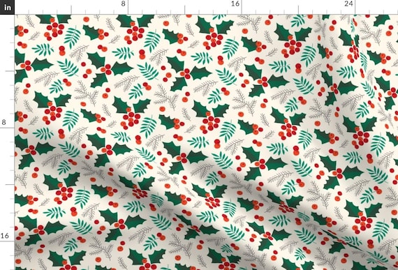Holly Fabric - Christmas Holly And Berries On Creme By Heleen Vd Thillart - Holly Holiday Cotton Fabric By The Yard With Spoonflower