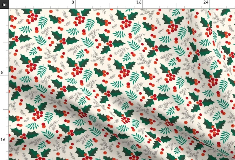 Holly Fabric - Christmas Holly And Berries On Creme By Heleen Vd Thillart - Holly Holiday Cotton Fabric By The Yard With Spoonflower image 1