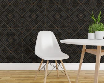 Art Deco Wallpaper - Lennox Vintage Deco By Crystal Walen - Black Gray Gold Gilt Geo Removable Self Adhesive Wallpaper Roll by Spoonflower