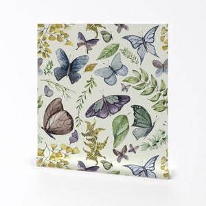 Butterfly Wallpaper - Butterfly Meadow By Hipkiddesigns - Green White Blue Nature Kids Removable Self Adhesive Wallpaper Roll by Spoonflower